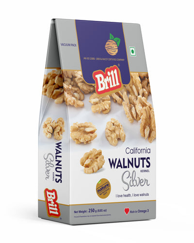 Packaging of Brill California Walnuts on a white background