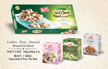 Brill Tasty 3 Nut 750g gift pack with roasted and salted cashews, pista and almonds