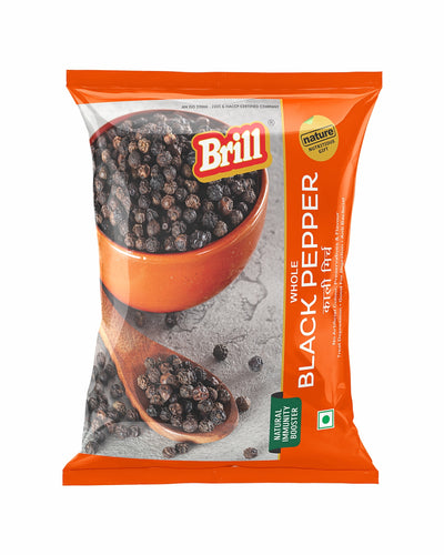 Packaging of Brill whole black pepper with a bowl and spoon on a white background