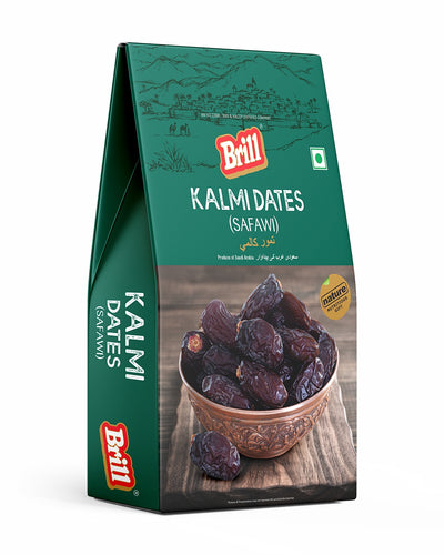 Brill Kalmi Dates packaging with a green background and image of dates.