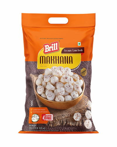 Packaging of Brill Makhana with a bowl of makhana seeds on a white background