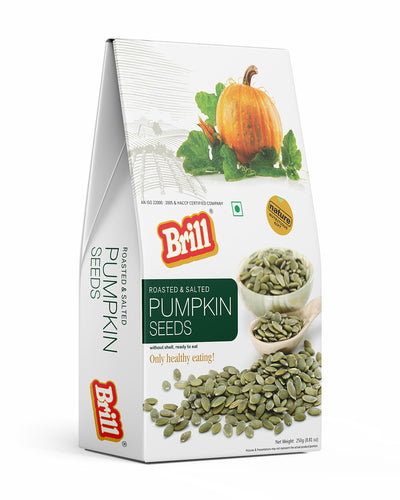 Packaging of Brill roasted and salted pumpkin seeds on a white background